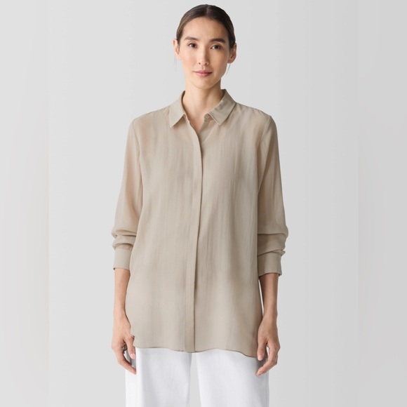 Eileen Fisher Tops - Eileen Fisher Sheer Silk Georgette Classic Collar Shirt, Dove, XS